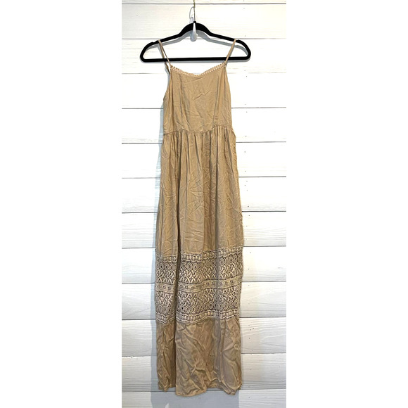 BOHO ME BEIGE MAXI DRESS WITH LACE INSET, SMALL EUC - Picture 1 of 2